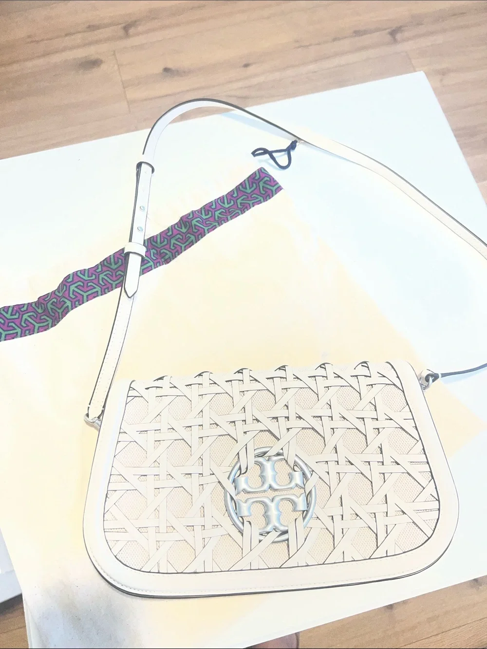 Tory Burch Cream Basket Woven Leather Crossbody with Silver Logo